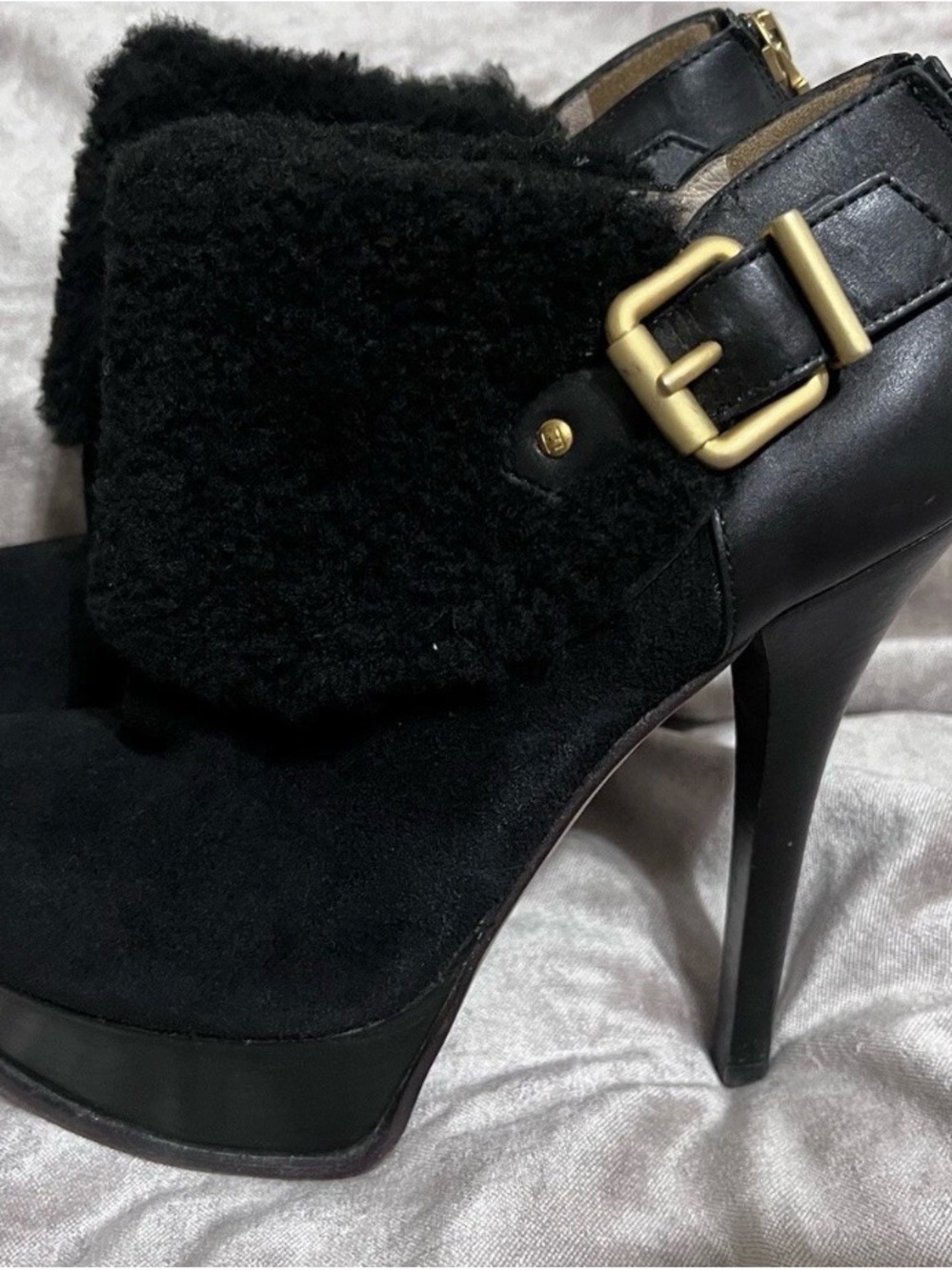 Fendi FF Black Fendista Shearling Fur Suede Buckled Platform Ankle Boot 39 - Picture 4 of 8